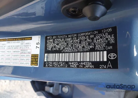 2006 Toyota Prius z USA, uszkodzony, nr VIN JTDKB20U067067697